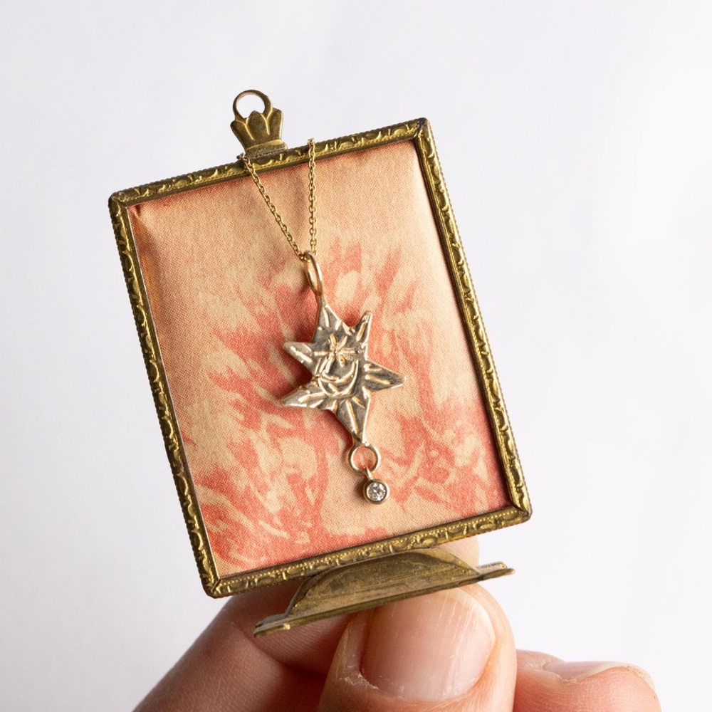 Handmade 14k and natural diamond star necklace | rare | handmade by artist